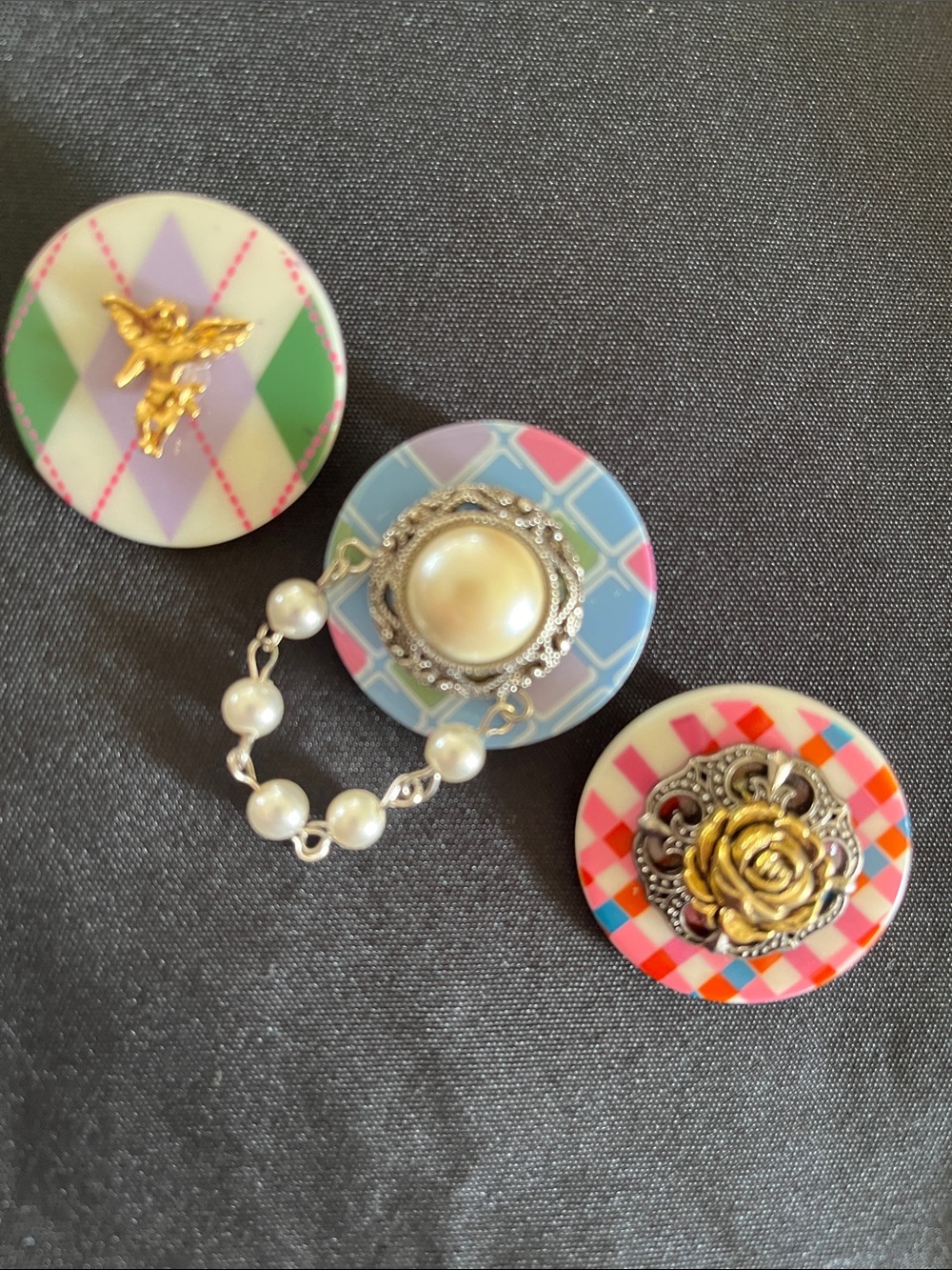 3 Vtg Mixed Media & Button Handmade Brooches Pins Cottage Grandma Core